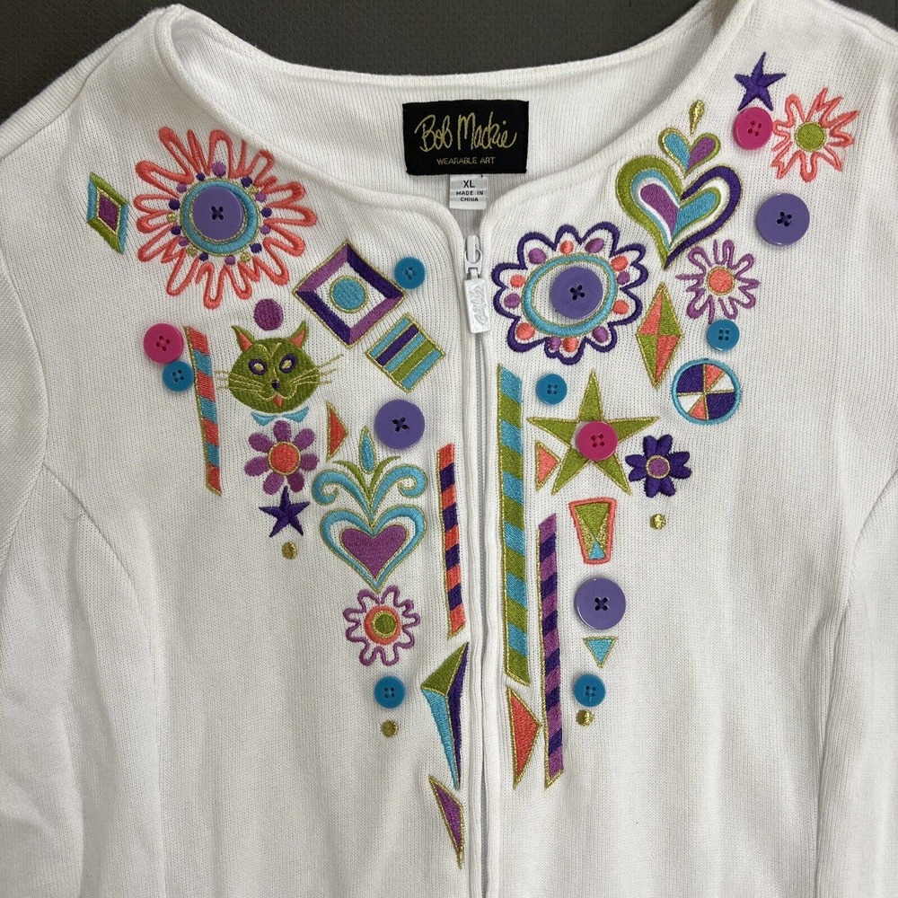 Bob Mackie Wearable Art MCM Themed Zip Up Sweater 100% Cotton XL White FS Chrty - Picture 7 of 11